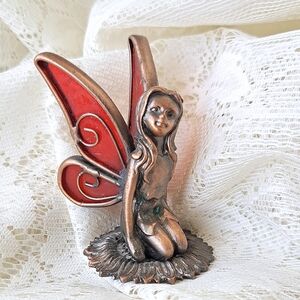Vintage Bronze Kneeling Fairy With Red Stained Glass Wings 2.5” Tall